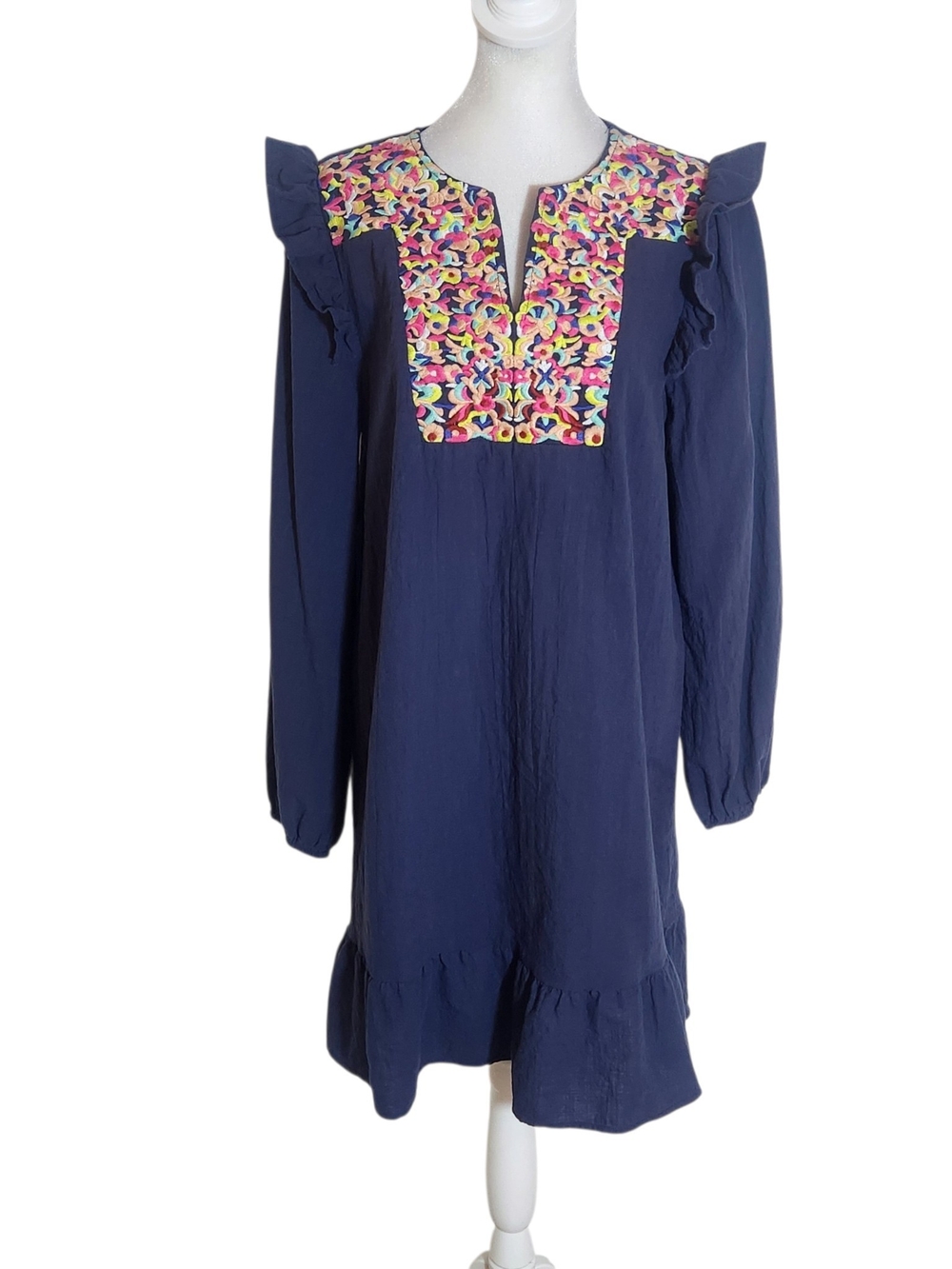 Kirundo Navy Embroidered Ruffle Mini Dress Size Large